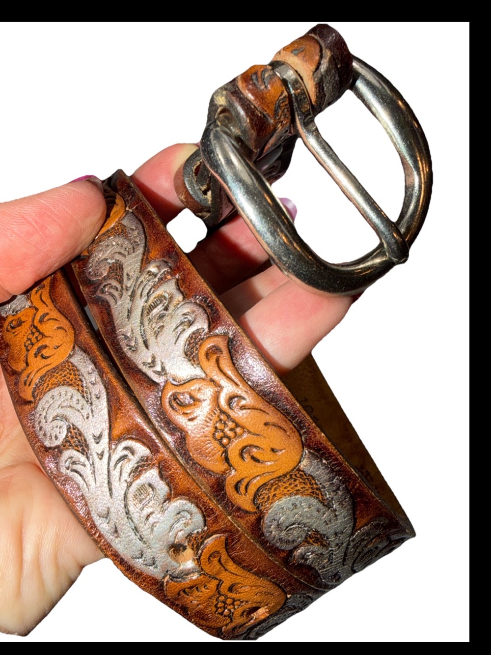 Wright Western Orange Floral Brown LEATHER Embossed BELT 23-27” Silver Buckle 26
